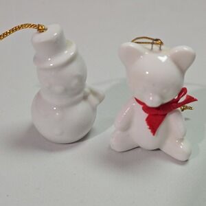 Vtg Midwest White Teddy Bear & Snowman  Christmas Ornament Ceramic Japan 2" tall